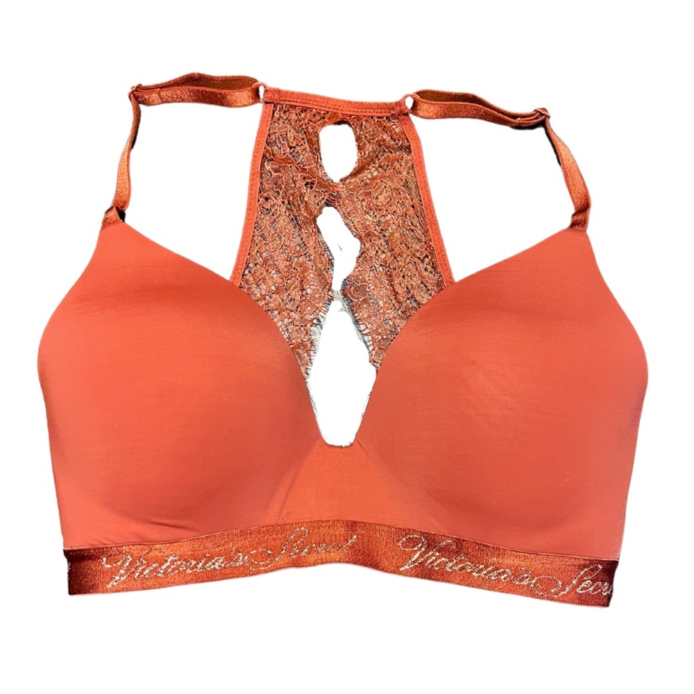 EUC Victoria’s Secret T-Shirt Lightly Lined Wireless Bra 32D Burnt Orange Lace